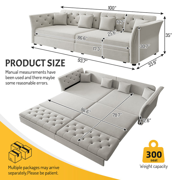English Elm 100" Oversized Velvet Sleeper Sofa with Floral Tufted Cushions for Living Room Light Grey W1885S00302