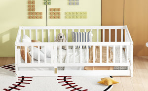 English Elm Twin Montessori Pine Floor Bed with Perimeter Fence Door and Slatted Base for Kids W1820P399071