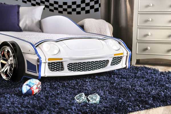 English Elm Modern Police Car Twin Bed With Led Lights, High-Gloss Finish & Sturdy Metal Frame For Kids' Rooms B2741S00507