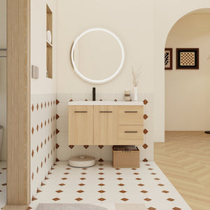 English Elm 36" Floating Bathroom Vanity Light Oak Finish Modular Cabinet with Gel Coat Sink Top W3450S00078