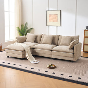 English Elm Beige Chenille Sectional Sofa with Modular Ottoman for Living Room or Studio Coffee W2603S00002