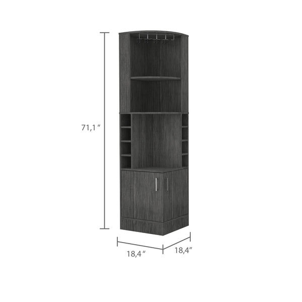 English Elm Seattle Smokey Oak Bar Cabinet with Corner Design, 8 Bottle Cubbies, Glass Racks & Open Shelves B128P176127