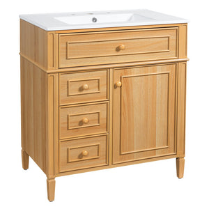 English Elm 30" Pine Wood Bathroom Vanity with Ceramic Sink Soft Close Drawers and Vintage Knobs N725P375498N