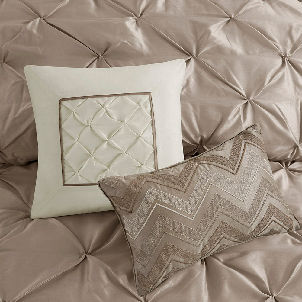 JLA Home Madison Park - 7 Tufted Comforter Set with Luxe Pieced Texture, Soft-Tone Elegance & Easy-Care Polyester for Cozy Layered Bedrooms Taupe MP10-251