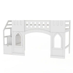 English Elm Twin Loft Bed with Storage Staircase and Window — Pinewood Modern Space-Saving Kids' Play & Sleep Loft White GX000727AAK