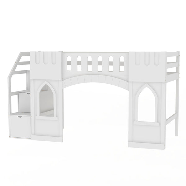 English Elm Twin Loft Bed with Storage Staircase and Window — Pinewood Modern Space-Saving Kids' Play & Sleep Loft White GX000727AAK