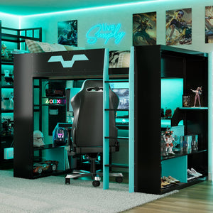 English Elm Full Size Gaming Loft Bed with Rgb Lighting Built-in Desk and Usb Charging Ports Blue LT000275AAC