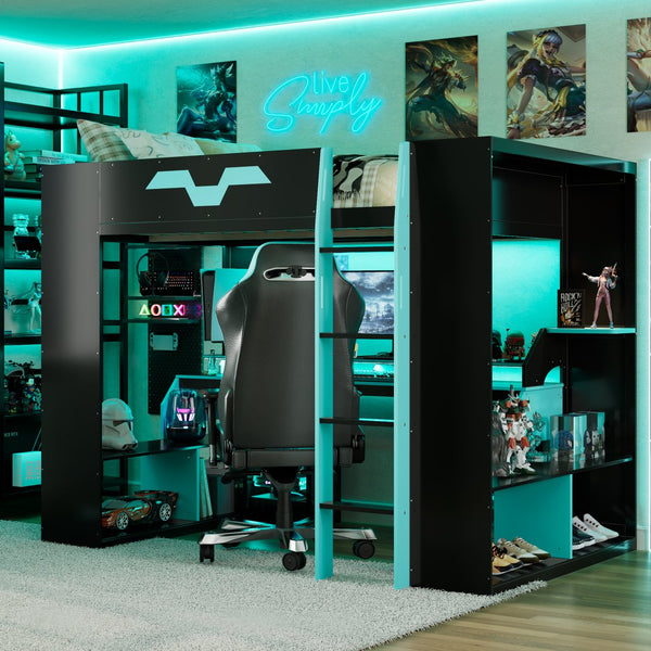 English Elm Full Size Gaming Loft Bed with Rgb Lighting Built-in Desk and Usb Charging Ports Blue LT000275AAC