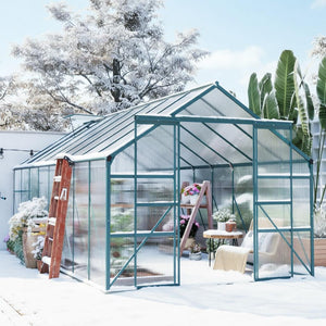 English Elm Outdoor Walk-in Aluminum Polycarbonate Greenhouse Kit with Roof Vent and Rain Gutter T3971S00236