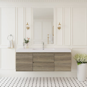 English Elm 60" Floating Wall Mounted Vanity Ash Grey Resin Basin Soft Close Storage Cabinet W1573S00076