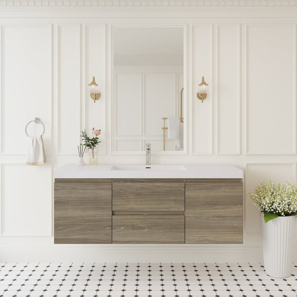 English Elm 60" Floating Wall Mounted Vanity Ash Grey Resin Basin Soft Close Storage Cabinet W1573S00076