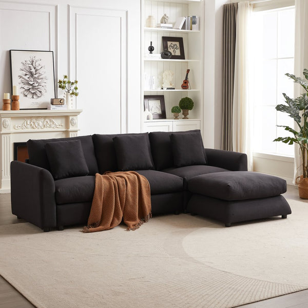 English Elm MH102.2 Modular 102.2" L-Shaped Sectional Sofa with Ottoman, 3 Cushions & Pillows, Upholstered Comfort Black W1193S00137
