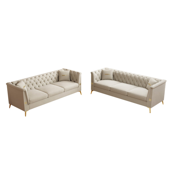 English Elm FX-P83-2PC Velvet Sofa Set of 2, Cream White 3-Seaters with Tufted Cushions & Gold Legs — Cozy Durable Elegance for Living Rooms W576S00237