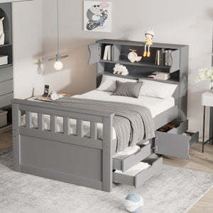 English Elm Twin Captain Platform Bed Frame with Built-In Bookcase, Four Drawers & Slat Support for Storage Gray GX001828AAE