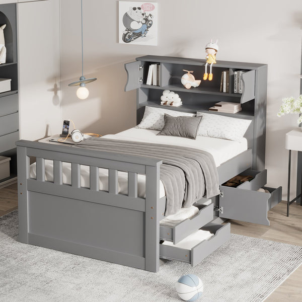 English Elm Twin Captain Platform Bed Frame with Built-In Bookcase, Four Drawers & Slat Support for Storage Gray GX001828AAE