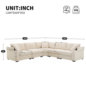 English Elm 104" Corduroy L-shaped Sectional with Usb Charging Armrest Storage and Cup Holders Beige N723S1187A