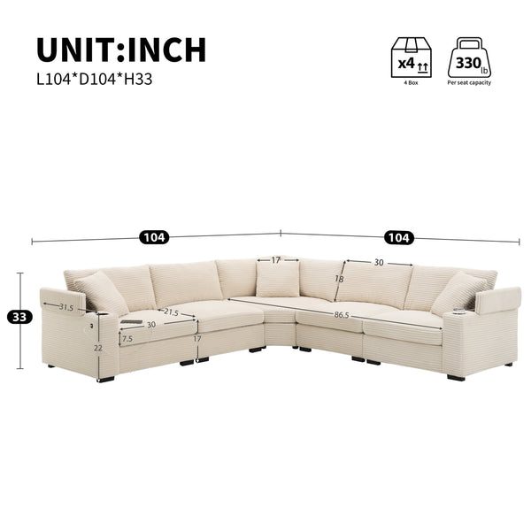 English Elm 104" Corduroy L-shaped Sectional with Usb Charging Armrest Storage and Cup Holders Beige N723S1187A