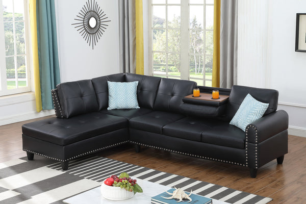 English Elm 2-Piece Alger 98" Wide Left-Hand Sofa & Chaise in Linen Blend with Tufted Backs, Nailhead Trim, Supportive Foam Cushions and Accent Pillows Black B102S00095