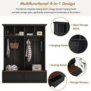 English Elm Rattan Door Hall Tree Bench with 6 Hooks Farmhouse Entryway Storage Black + Dark Walnut N721S000076B