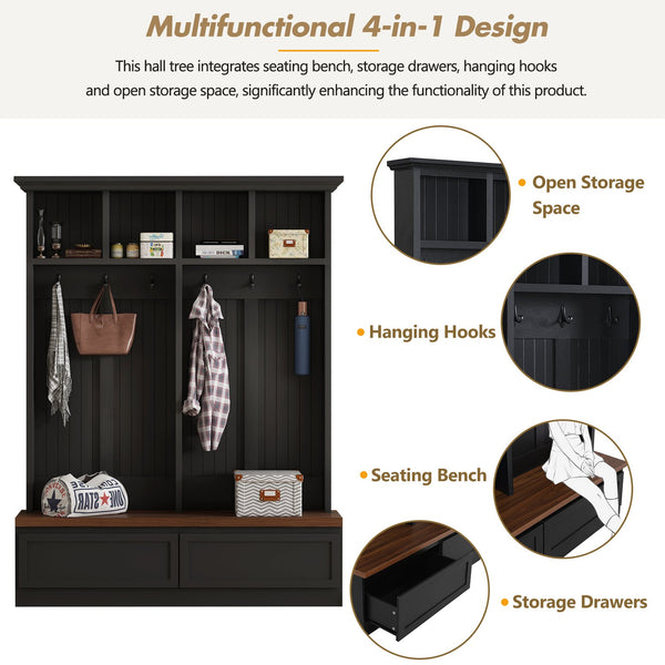 English Elm Rattan Door Hall Tree Bench with 6 Hooks Farmhouse Entryway Storage Black + Dark Walnut N721S000076B