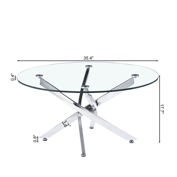 English Elm Modern Sculptural Round Glass Top Coffee Table with Angular Chrome Base for Living Rooms W1311119910