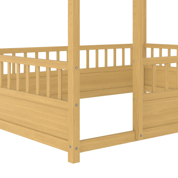English Elm Full Full-Size Montessori Floor Bed with High Safety Fence, Clockwise Door, Pine Frame & Support Slats Natural W1858P310085