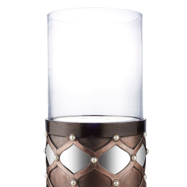 English Elm 31" Tall Hurricane Candleholder with Arabesque Mirrored Tiles and Pearl Espresso Column B072116553