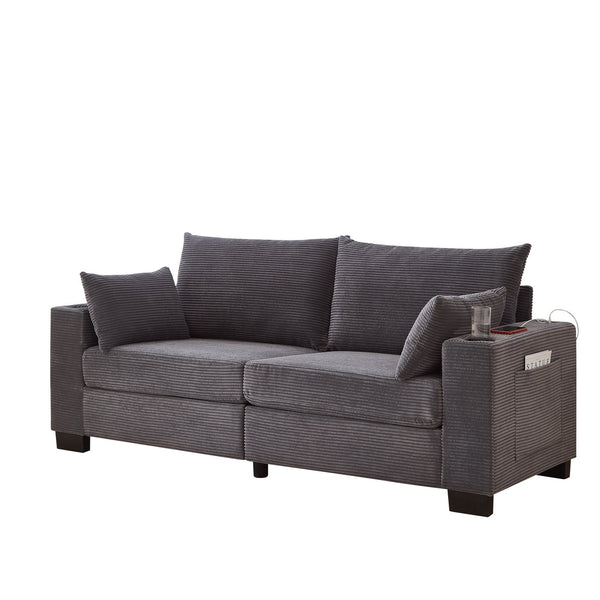 English Elm 78"corduroy Plush Three Seat Sofa with Usb Ports Cup Holders Deep Cushions Apartment Gray W3705P455918