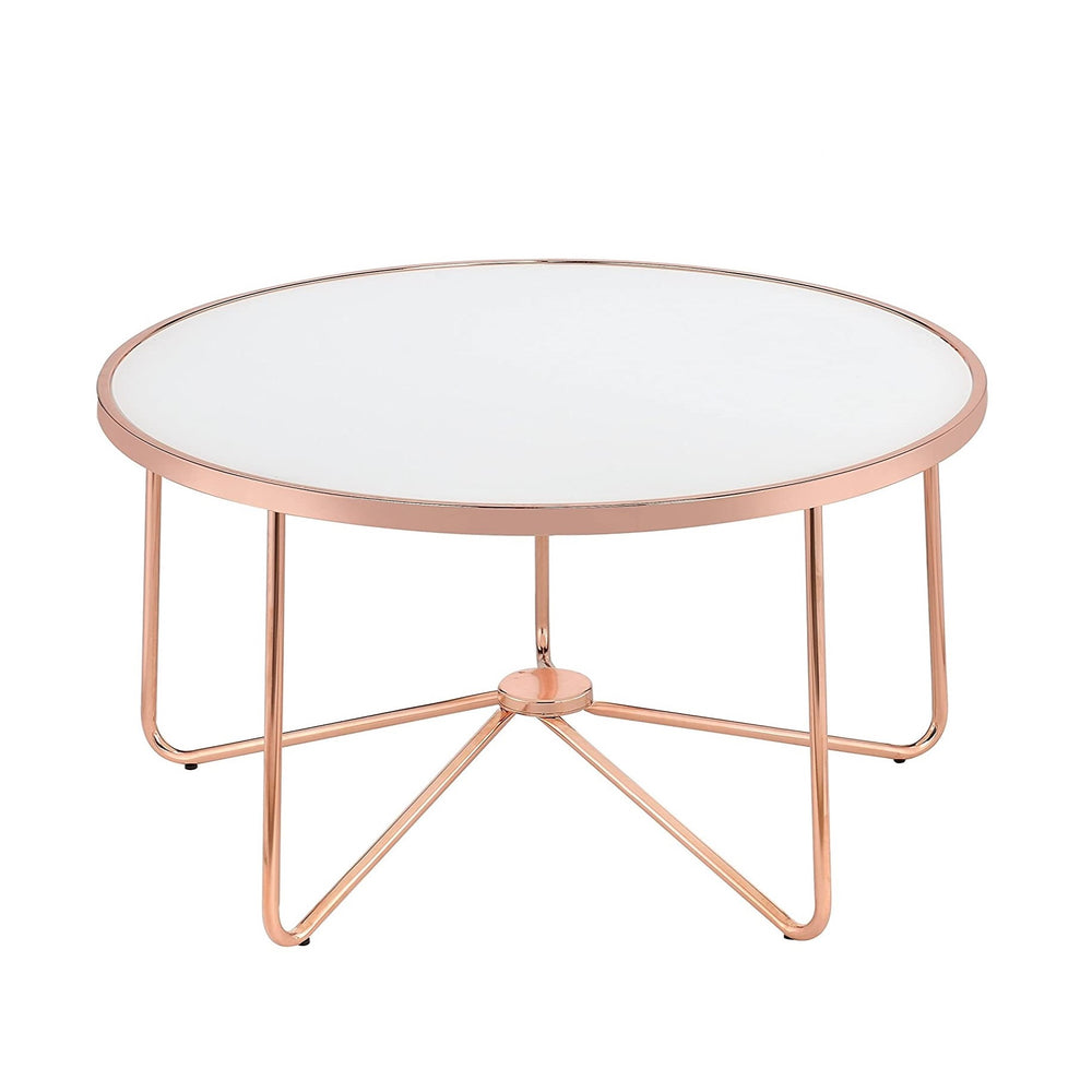 English Elm Rose Frosted Glass Top Coffee Table with Metallic Base 34" Round Modern Occasional Table for Living Room Stylish Centerpiece, Easy Assembly Rose Gold 39 L x 39 W x 5 H B2741P332647