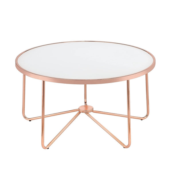 English Elm Rose Frosted Glass Top Coffee Table with Metallic Base 34" Round Modern Occasional Table for Living Room Stylish Centerpiece, Easy Assembly Rose Gold 39 L x 39 W x 5 H B2741P332647