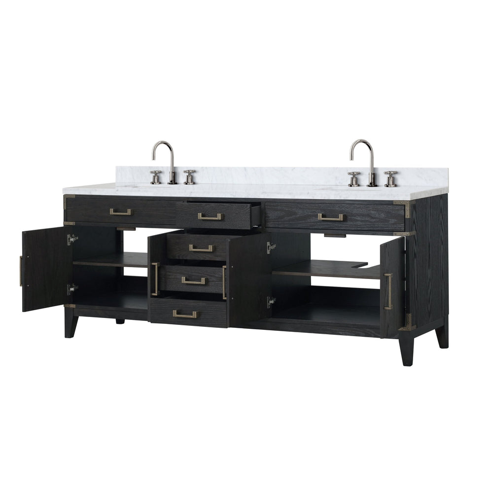 English Elm Black Oak Double Bath Vanity With Carrara Marble Top, Chrome Faucet Set & Ample Storage Space B2731P260978