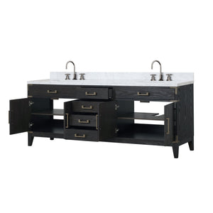English Elm Black Oak Double Bath Vanity With Carrara Marble Top, Chrome Faucet Set & Ample Storage Space B2731P260978