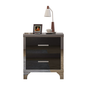 English Elm High Gloss Mirrored 2 Drawer Nightstand Slim Metal Legs Modern Bedroom Side Table Black W5271P416537