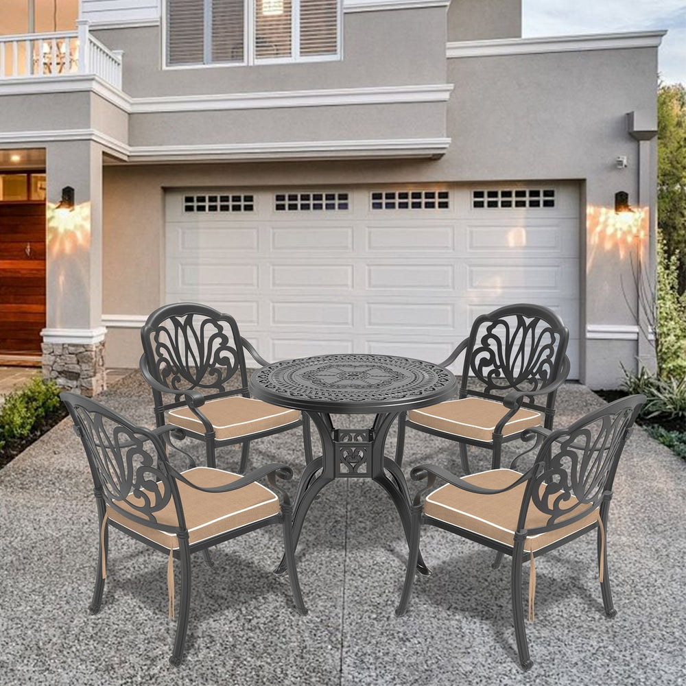 English Elm 5-Piece Cast Aluminum Patio Furniture Set With Brown Cushions For Stylish Outdoor Dining & Relaxation W1710S00056