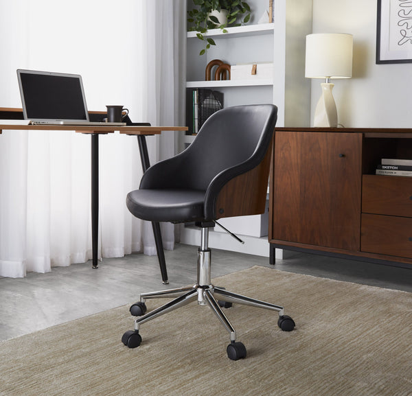 English Elm Office Task Chair with Walnut Wood Base Faux Leather Seat and Chrome Swivel B202P474172