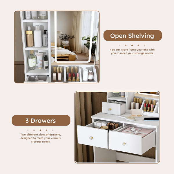 English Elm Modern Vanity Desk with Led Mirror 3 Drawers Built-in Outlet and Matching Chair White W509P465832