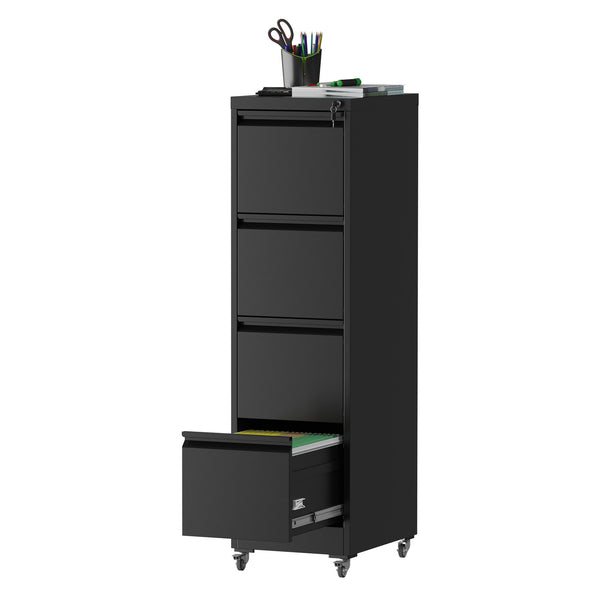 English Elm 4 Drawer Locking File Cabinet on Wheels with Anti-Tilt System, Corrosion-Resistant Metal, Secure Mobile Storage Black T2398P310002