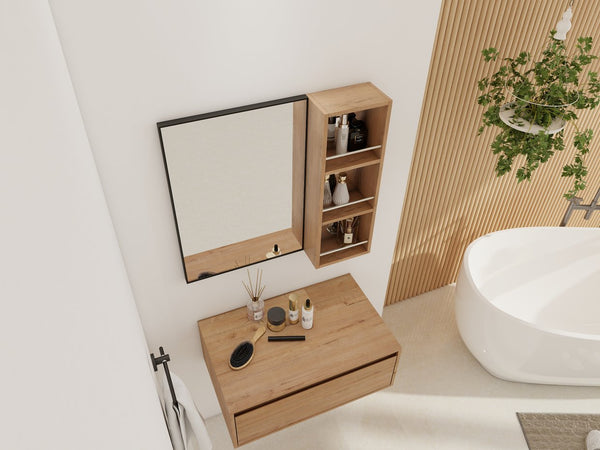 English Elm 10'' Wall Mount Bathroom Mirror Cabinet Open Shelf Plywood Melamine Storage Organizer W999P470292