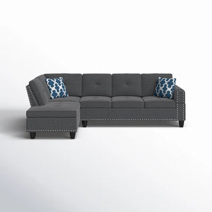 English Elm 2-Piece Alger 98" Wide Left-Hand Sofa & Chaise in Linen Blend with Tufted Backs, Nailhead Trim, Supportive Foam Cushions and Accent Pillows Dark Gray B102S00094