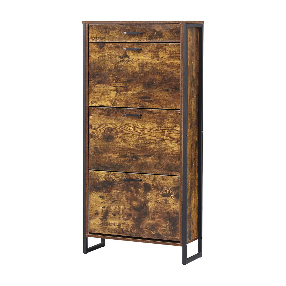 English Elm Shoe Cabinet Slim 3-Flip Drawers with Top Drawer and Metal Handles, Rustic Brown Entryway Organizer W2948P245242
