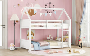 English Elm Twin Over Twin House Bunk Bed With Guardrails, Ladder & Cozy Floor Bed - White Rubberwood Design W504P227938-GIGA