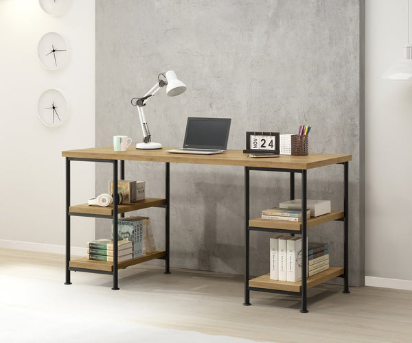 English Elm Golden Oak Desk with 4 Storage Shelves, Metal Accents & Open Space-Saving MDF Design for Home Office B2699P237457