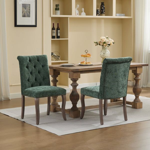 English Elm Upholstered Chenille Tufted Dining Chairs Set of 2 with Curved Wood Legs Club Style Olive Green W1143P457782