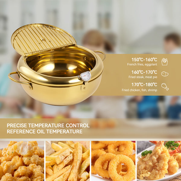 English Elm Stainless Steel Deep Frying Pot with Thermometer, Oil Drain Spout & Splash Lid for Tempura Cooking T3950P404654