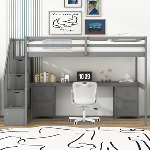 English Elm Twin Loft Bed with Built-In Desk and Double Storage Drawers, Pine & MDF Frame for Small Rooms Gray GX000382AAE