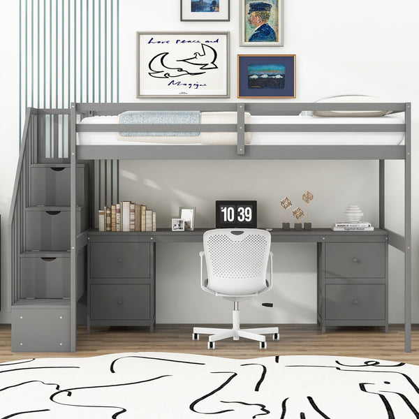 English Elm Twin Loft Bed with Built-In Desk and Double Storage Drawers, Pine & MDF Frame for Small Rooms Gray GX000382AAE