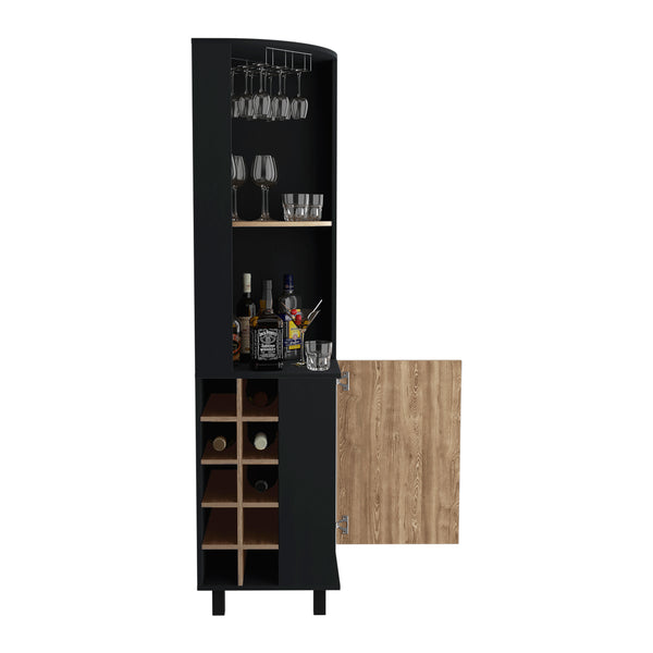 English Elm Kaia 70" Tall Corner Bar Cabinet with 4 Shelves, 10 Wine Cubbies & Stemware Storage in Black Pine B070S00307