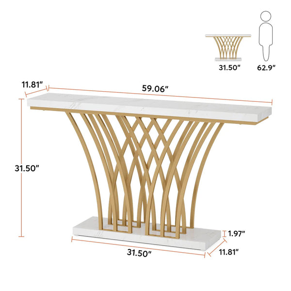 English Elm Luxury Faux Marble Console Table with Gold Geometric Base for Hallway or Entryway T3971P457837