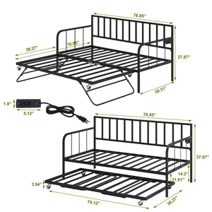 English Elm Twin Daybed with Trundle Black Metal Sofa Bed Frame — Heavy-Duty Slats, 880lb Capacity, Space-Saving Storage W3107P341530