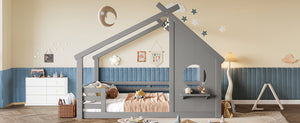 English Elm Twin House Bed Low Profile Pine Wood Frame with Shelf Montessori Kids Floor Sleeping Gray W5305P429646